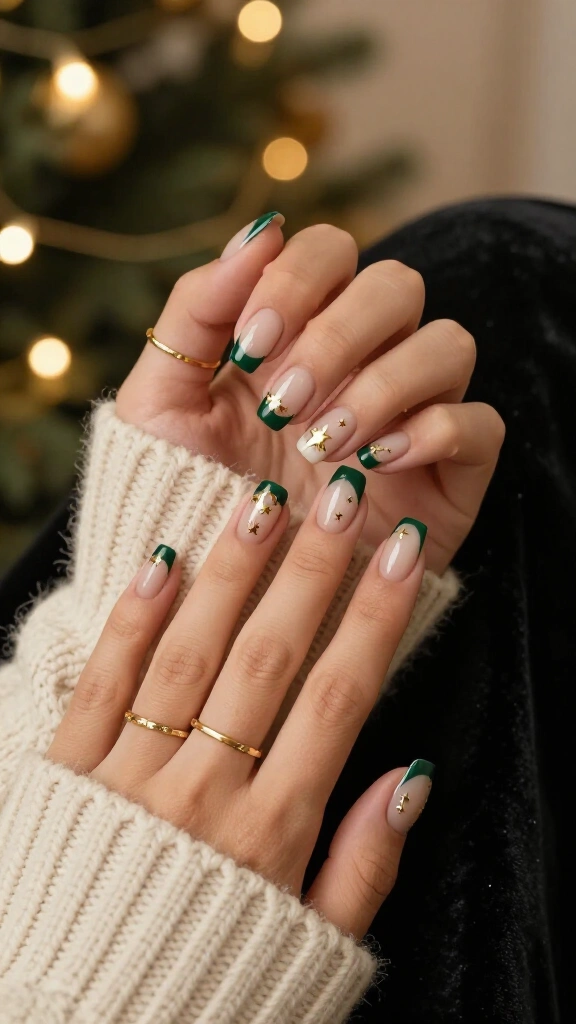 Green French tips with gold stars