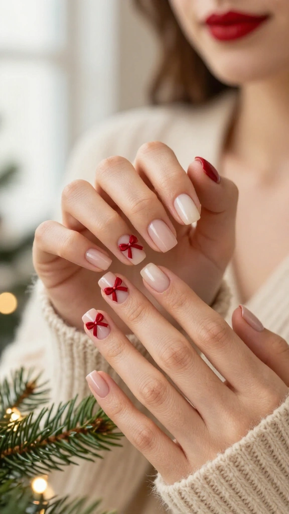 Red bow accent nails