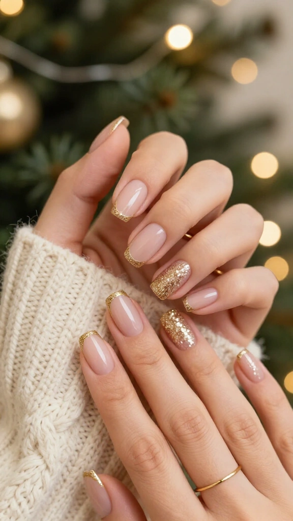 Minimal gold glitter French tips