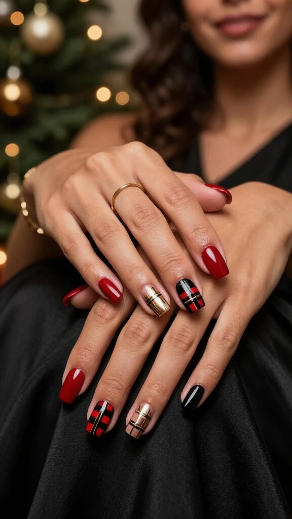 Black, red, and gold plaid nails