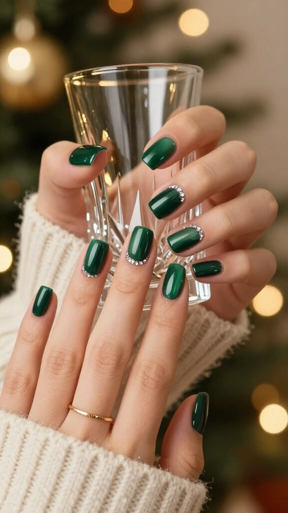 Emerald nails with rhinestone details