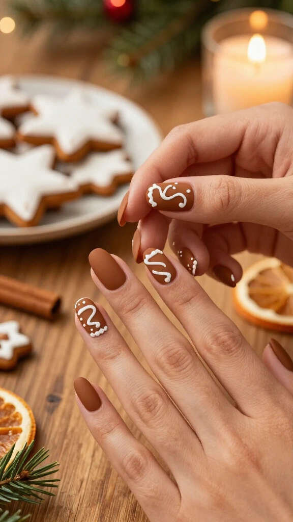 Matte Gingerbread Accent Nails