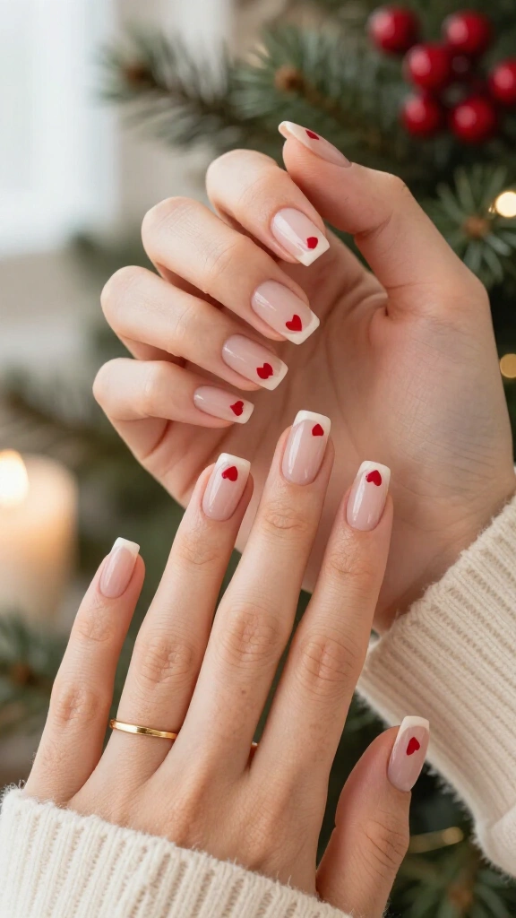 Nude nails with tiny red hearts