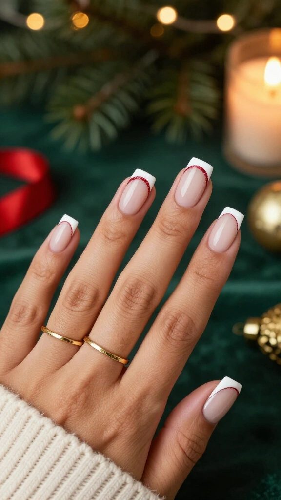 White French tips with red glitter lines