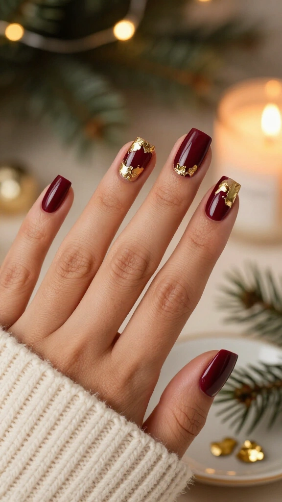 Burgundy nails with gold foil