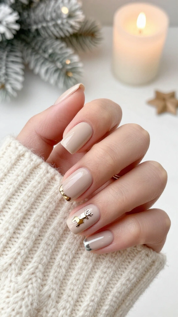 Neutral nails with metallic reindeer
