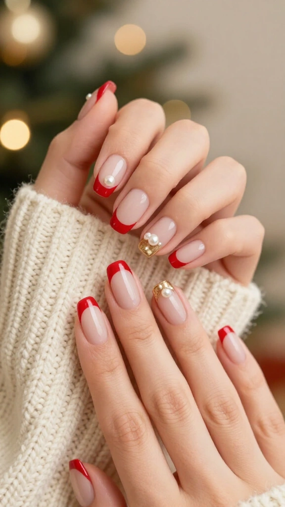 Red French tips with pearl details