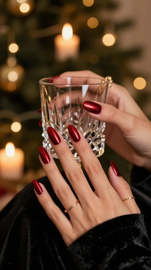 Deep red chrome gel nails