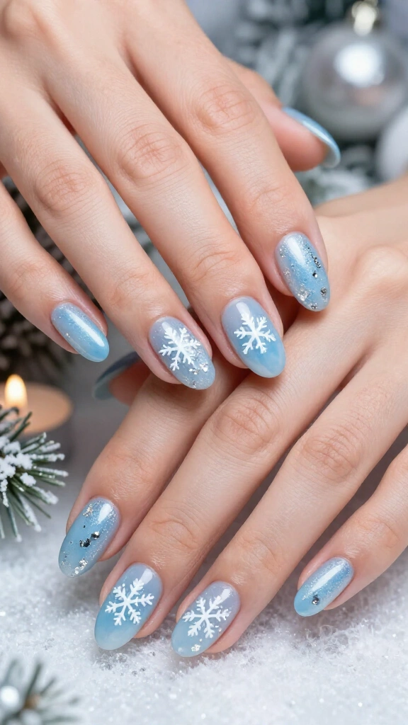 Icy blue snowflake gel nails