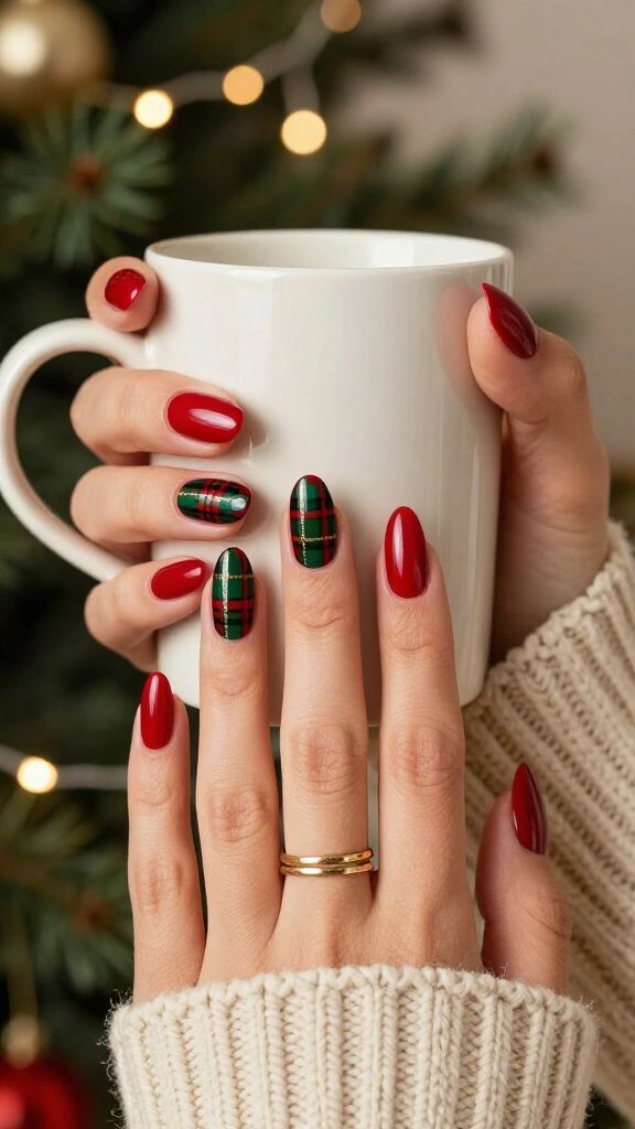 Plaid Christmas gel nails
