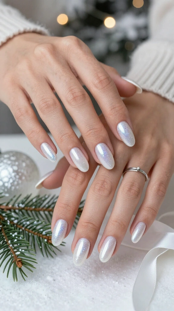 Pearl white glazed snow nails