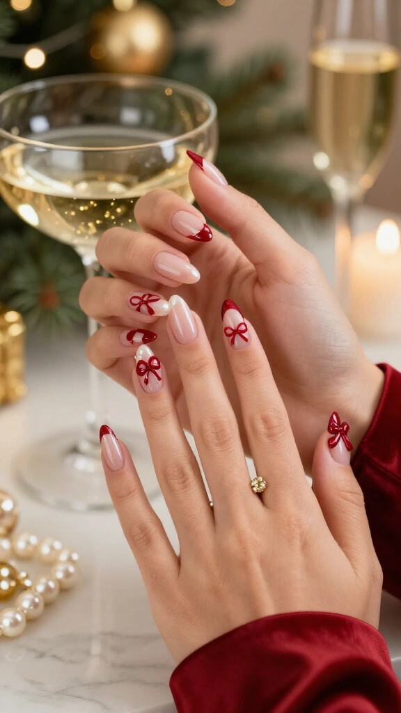 Red bow Christmas nails