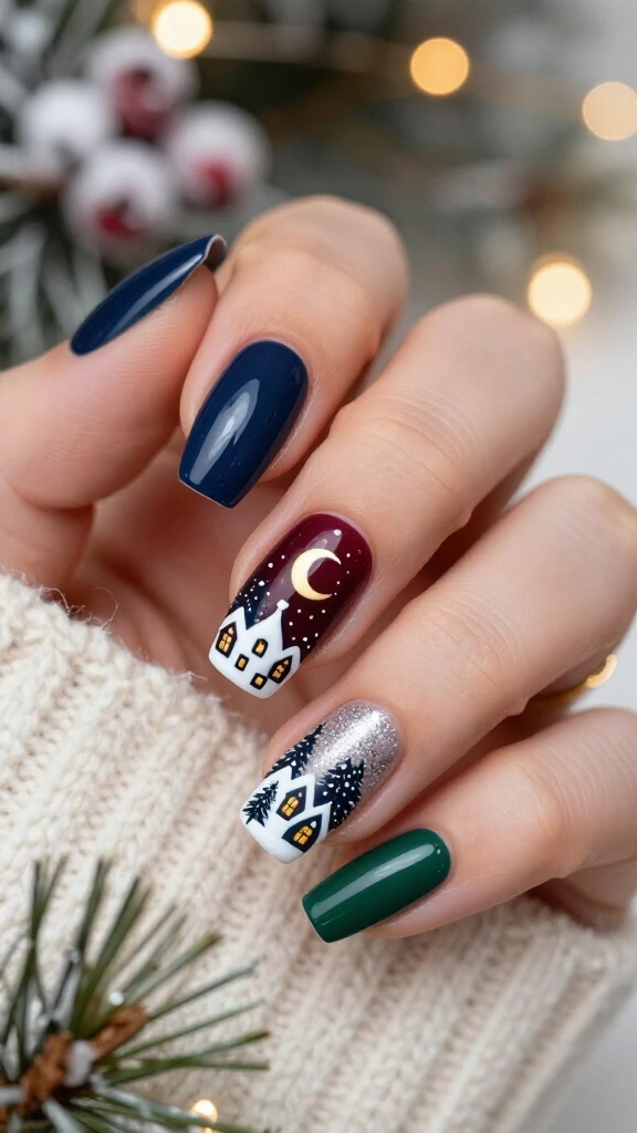 White Christmas village nails