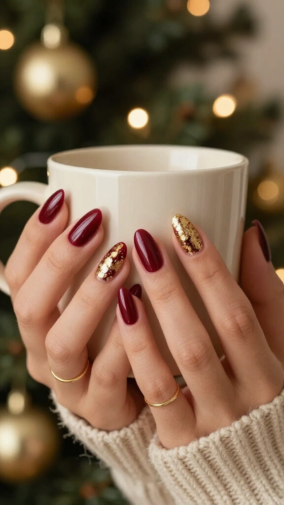 Gold foil and burgundy gel nails