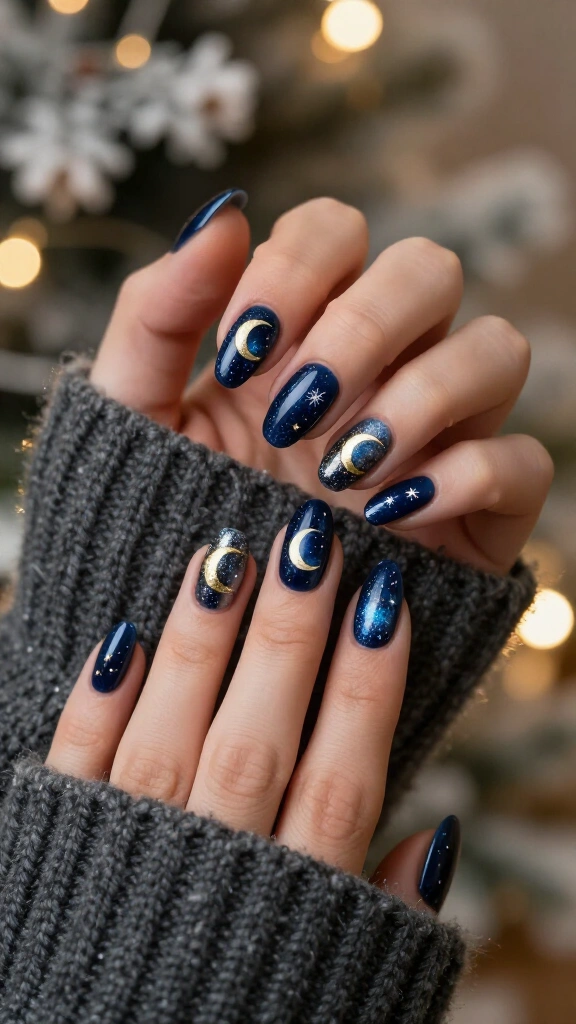 Midnight blue celestial Christmas nails