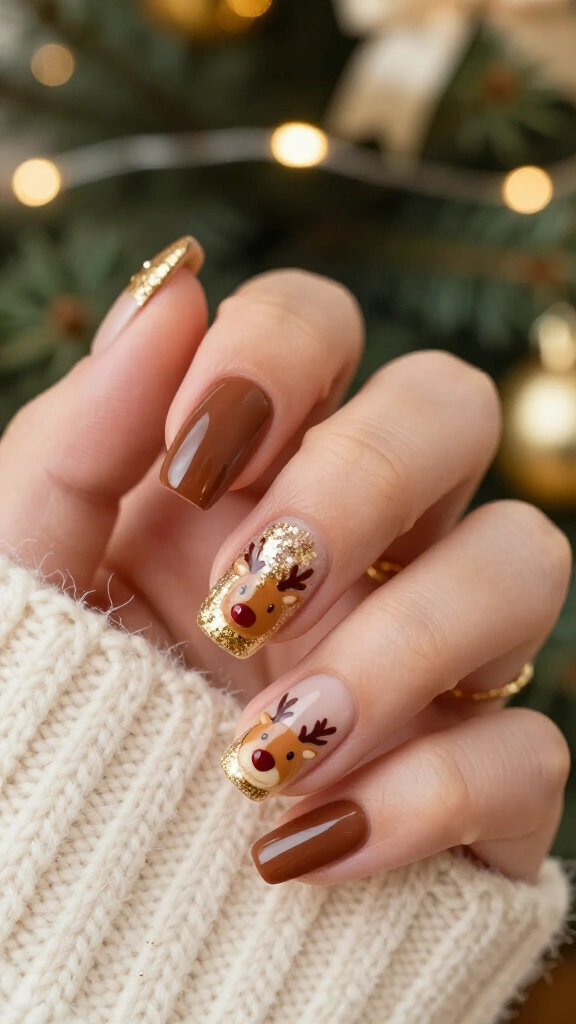 Glittery reindeer accent nails