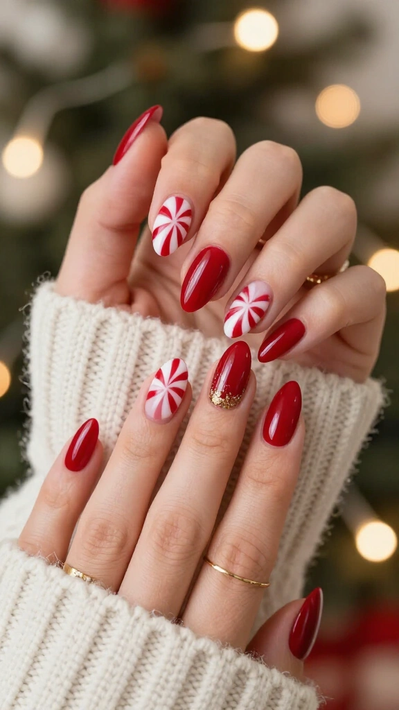 Almond shaped red and white swirls