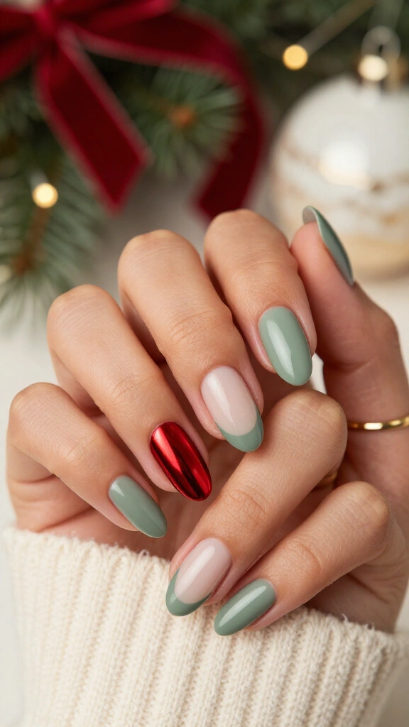Crimson Chrome & Sage French Tips