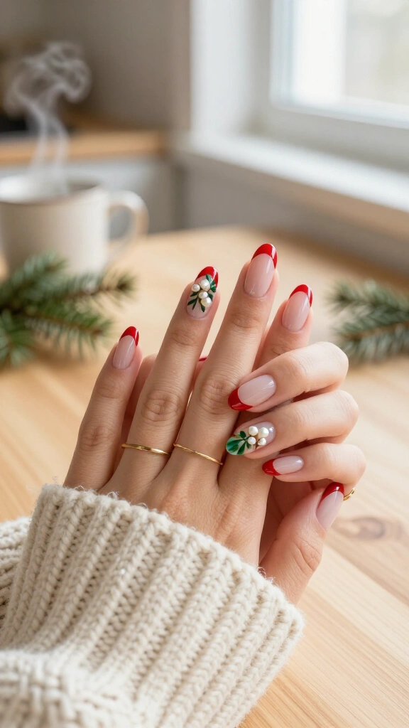 Red French tips with mistletoe accents