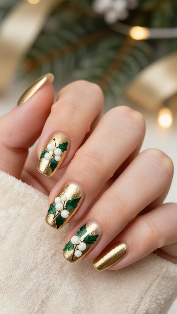 Sparkling gold mistletoe nails