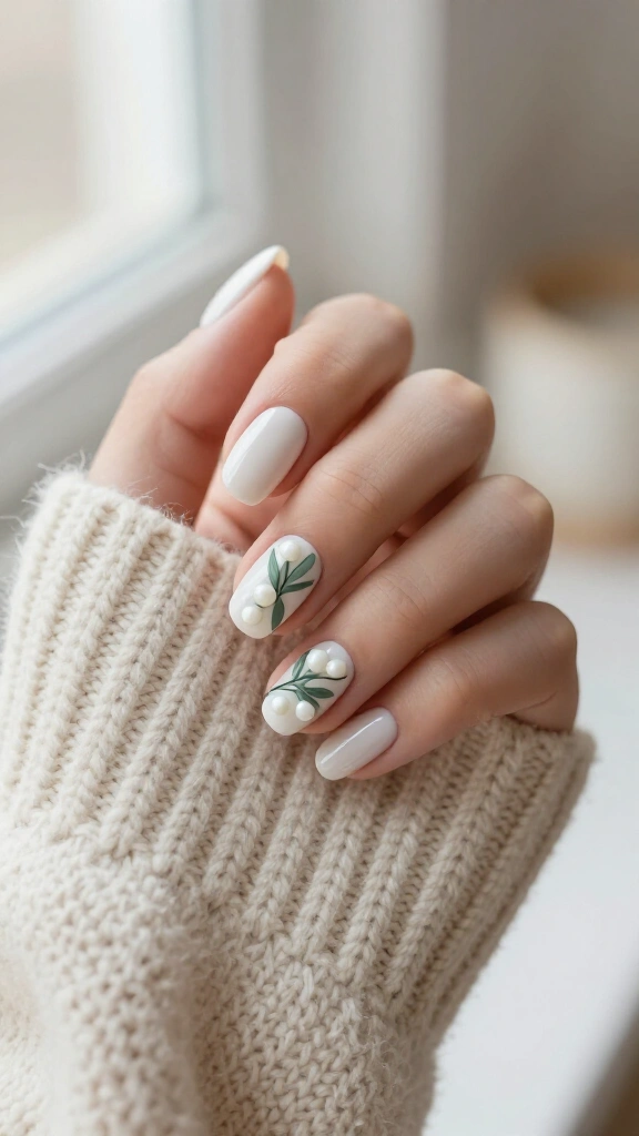 Minimalist white mistletoe nails