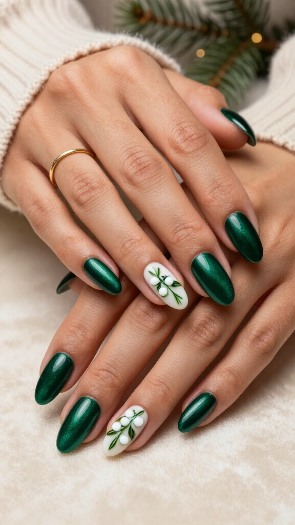 Deep green velvet mistletoe nails