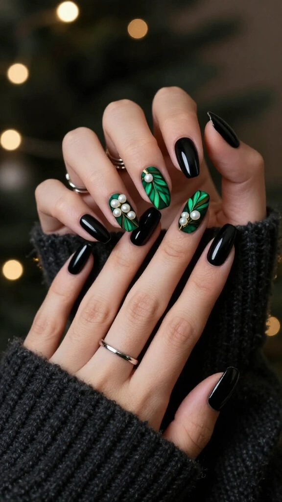 Glossy black mistletoe nail art