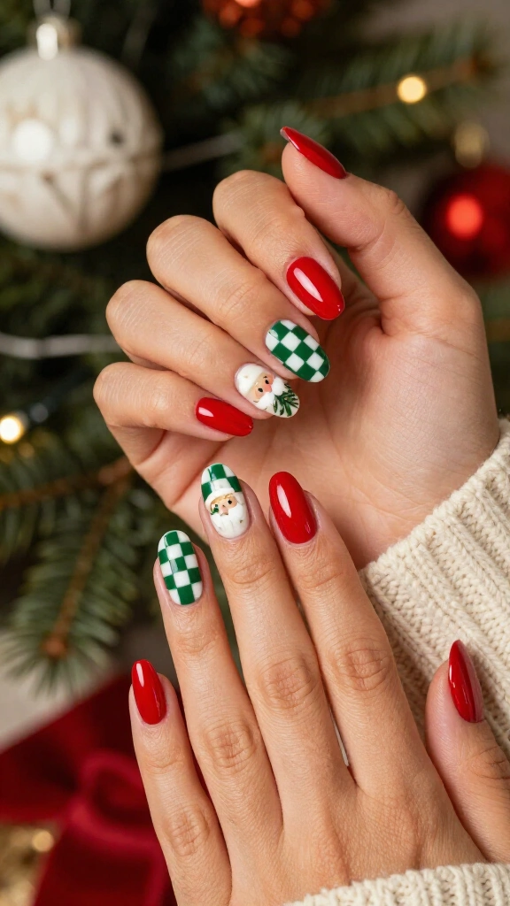 Vintage Santa & Evergreen Checkerboard