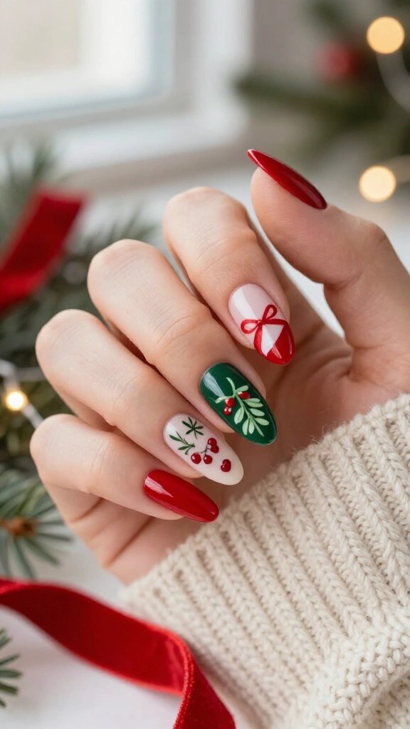 Candy cane and mistletoe combo nails