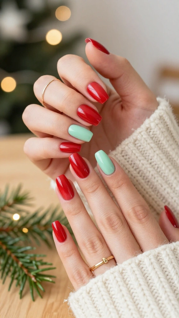 Red Jelly Nails with Mint Negative Space