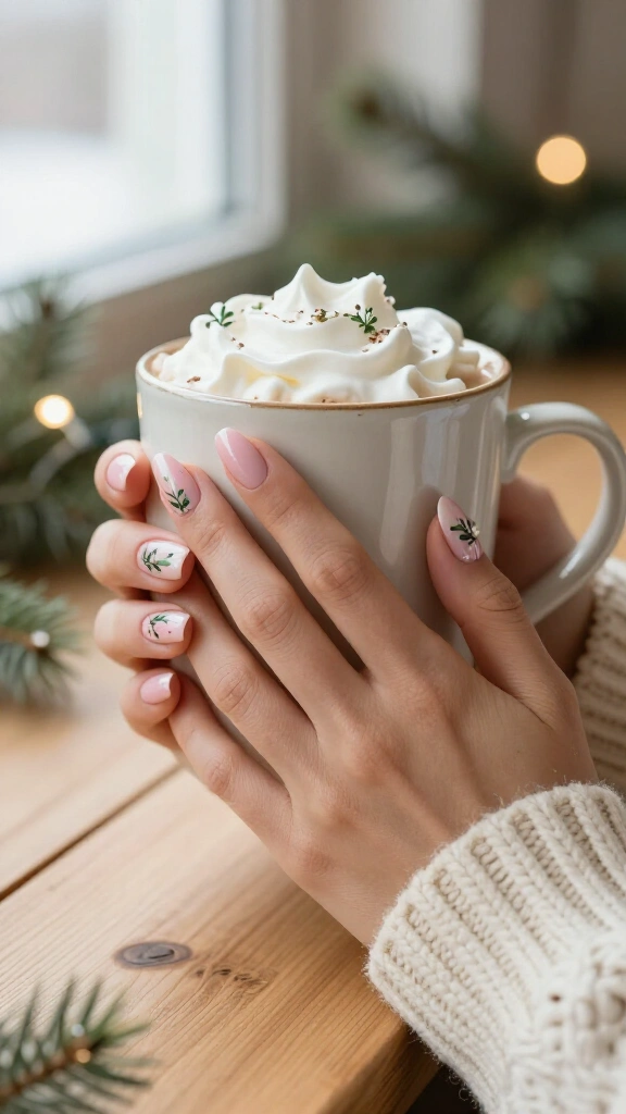 Soft pink mistletoe nails
