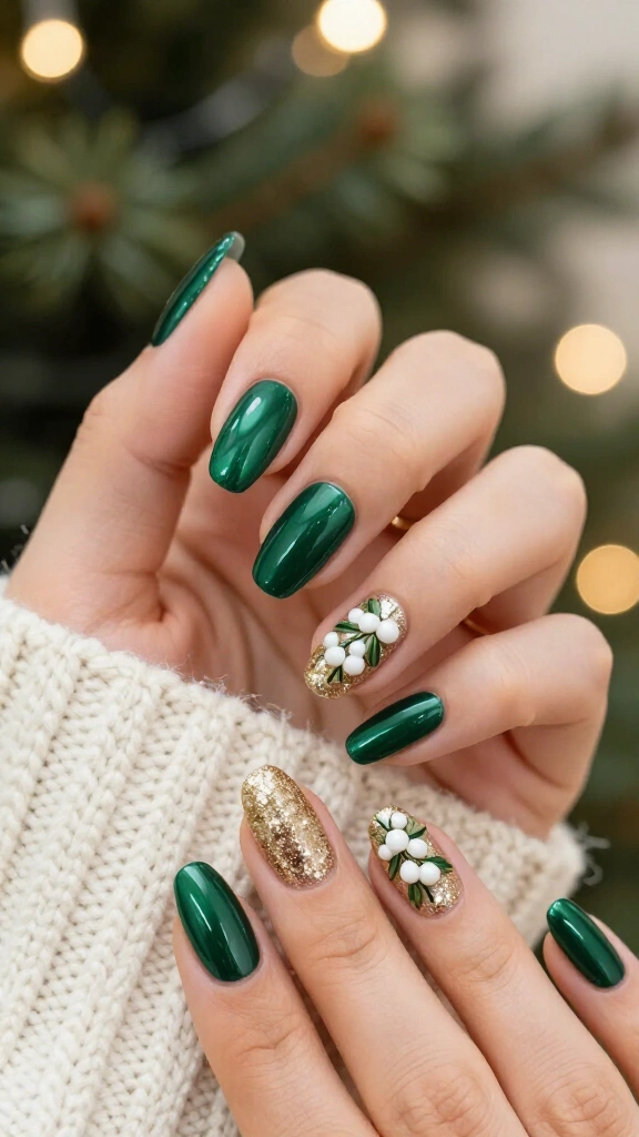 Glittery mistletoe accent nails