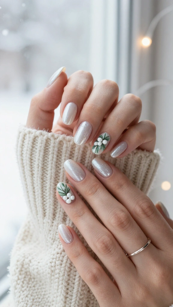 Pearl white mistletoe nails