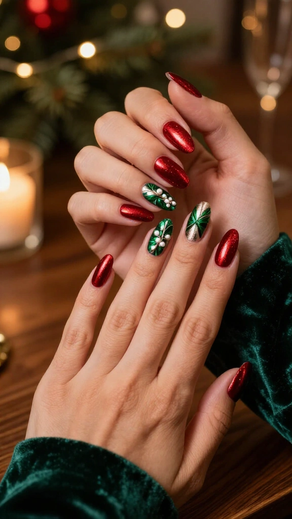Red chrome mistletoe nails