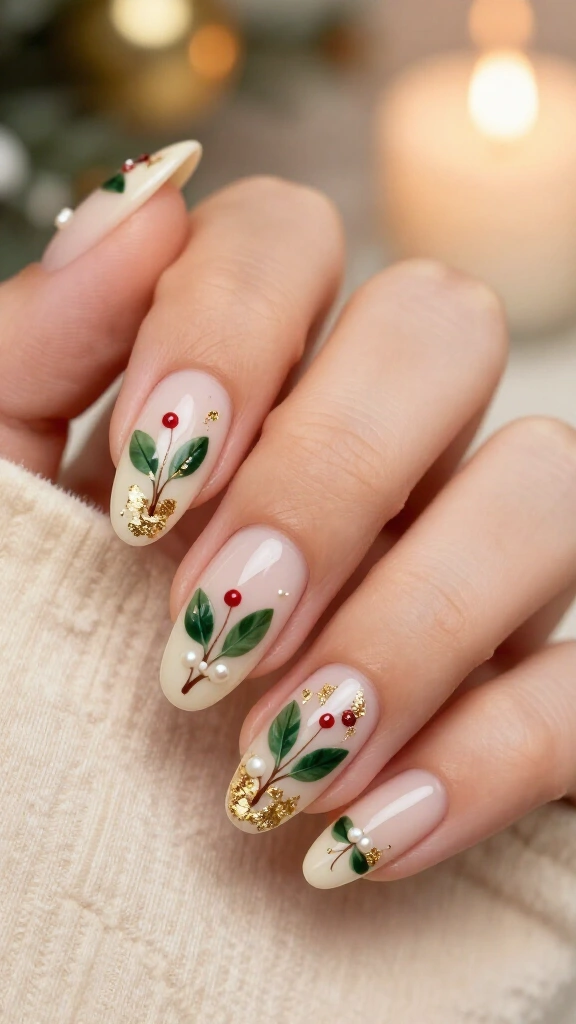 Almond mistletoe nails with gold foil