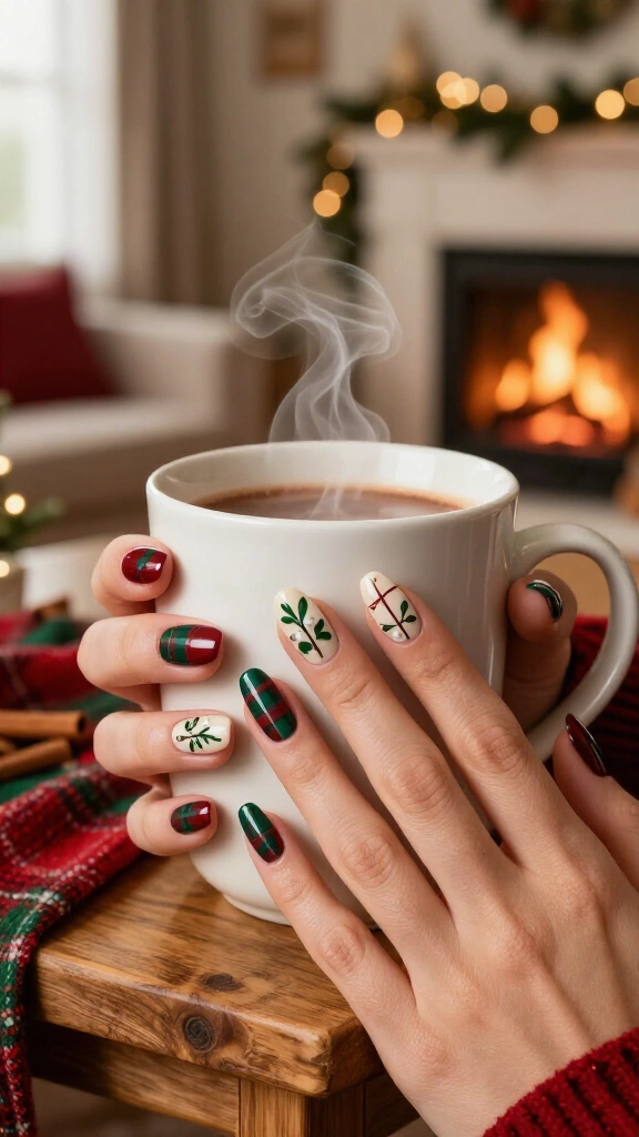 Mistletoe and plaid Christmas nails