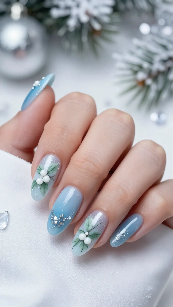 Icy blue mistletoe nails