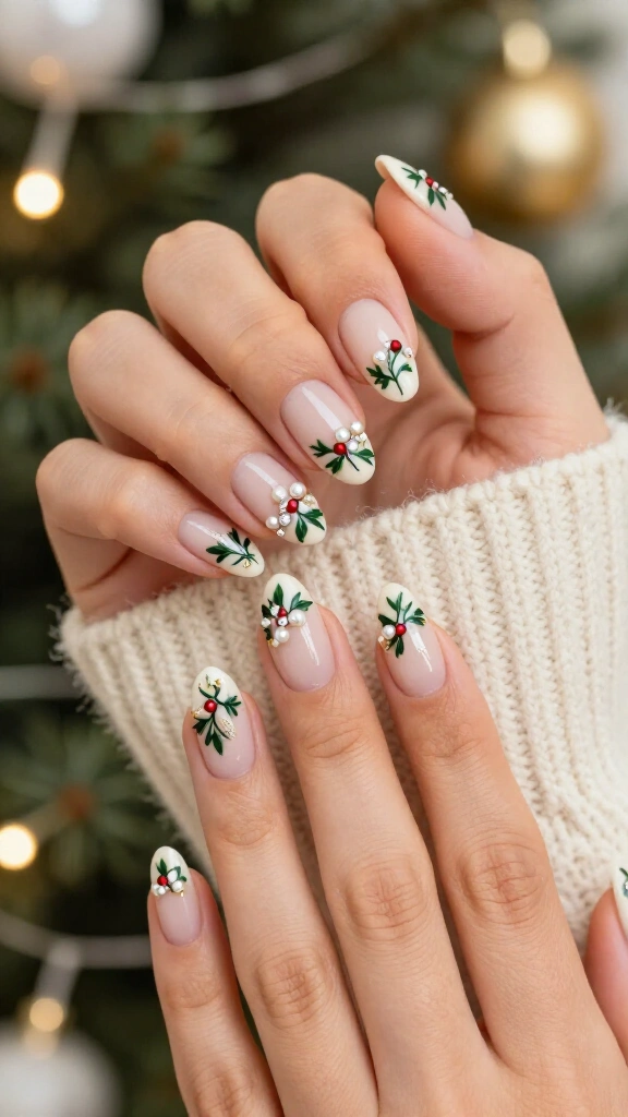 Mistletoe nails with micro rhinestones
