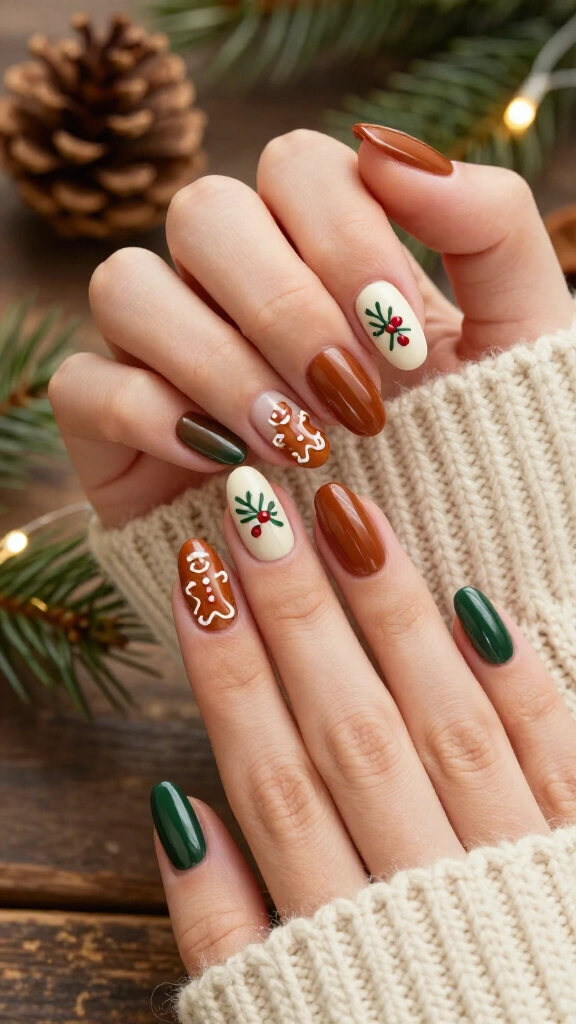 Gingerbread and mistletoe nails