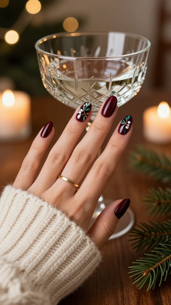 Burgundy mistletoe nails