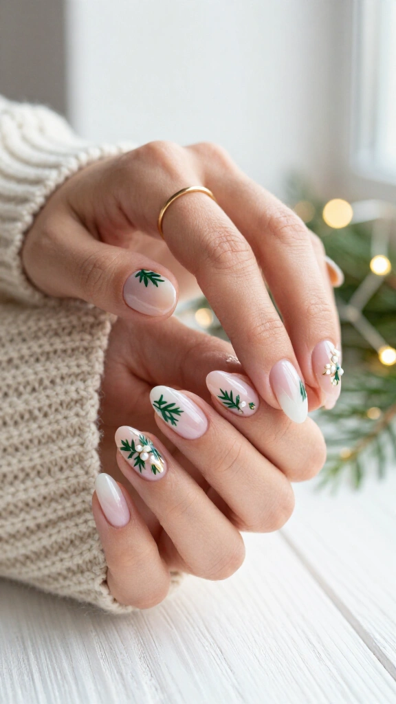 Mistletoe nail stickers over sheer polish