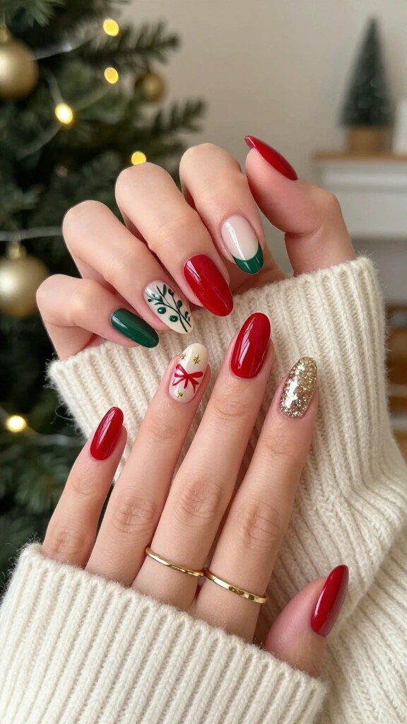 Full holiday mistletoe mix-and-match nails