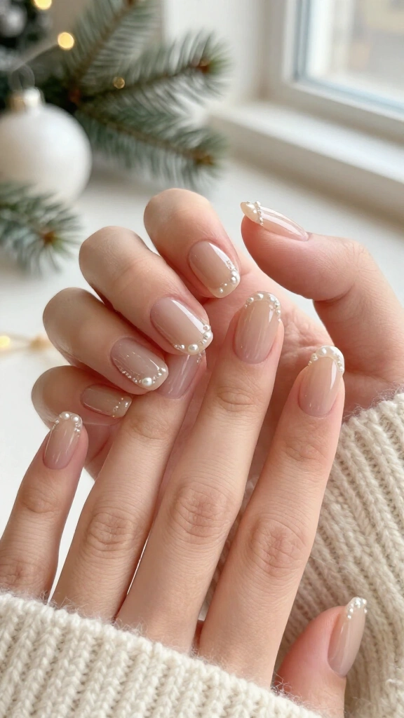 Delicate pearl accents on sheer beige