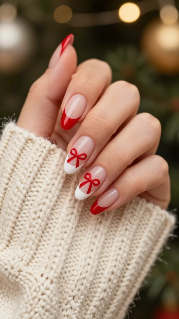French tips with tiny red bows