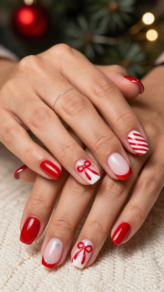 Candy cane bow accent nails