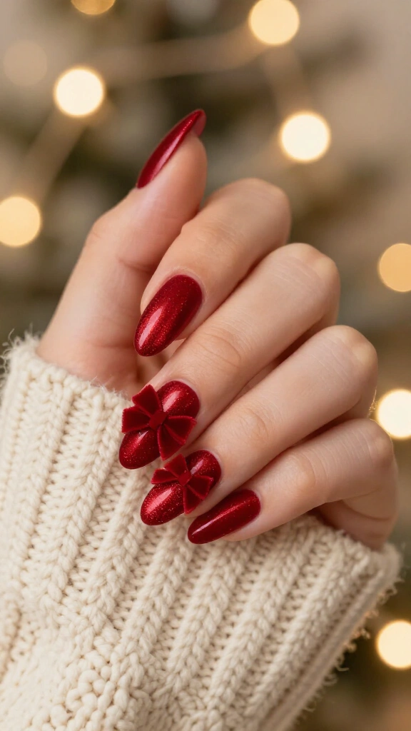 Velvet red bow nails