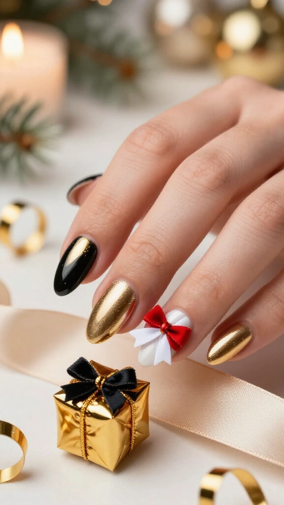Gold gift wrap bow nails