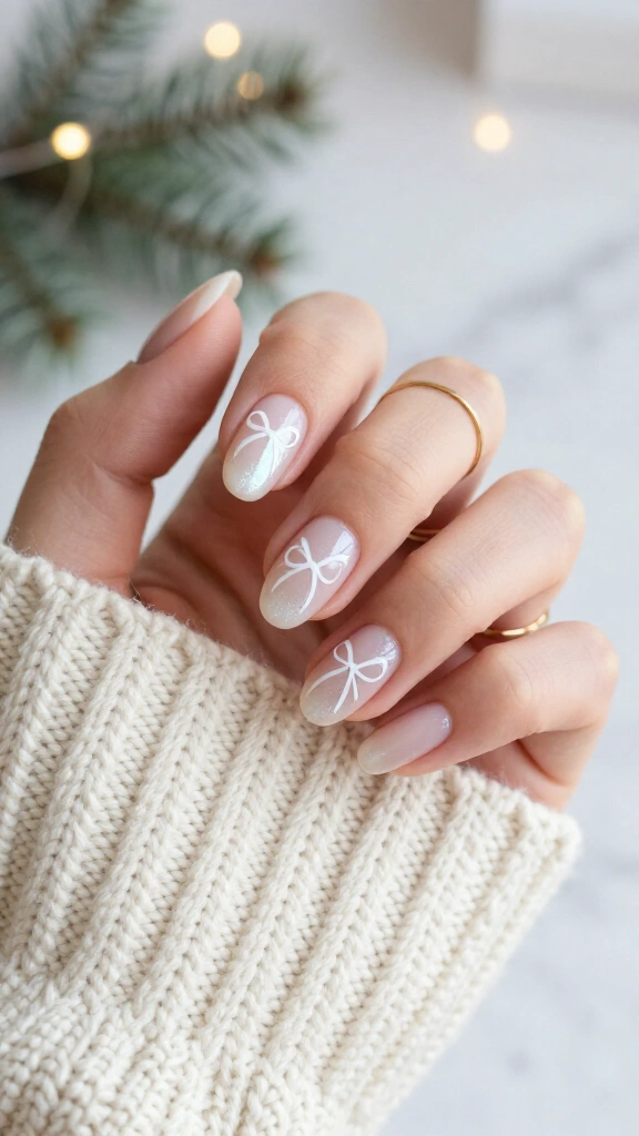 Minimal nude nails with white bows