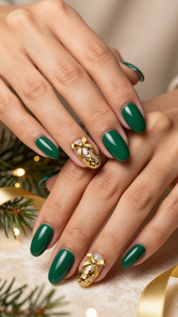 Emerald green nails with gold bows