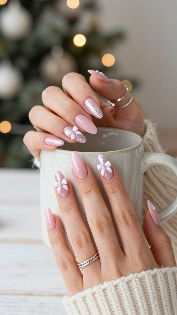 Pink Christmas bow nails